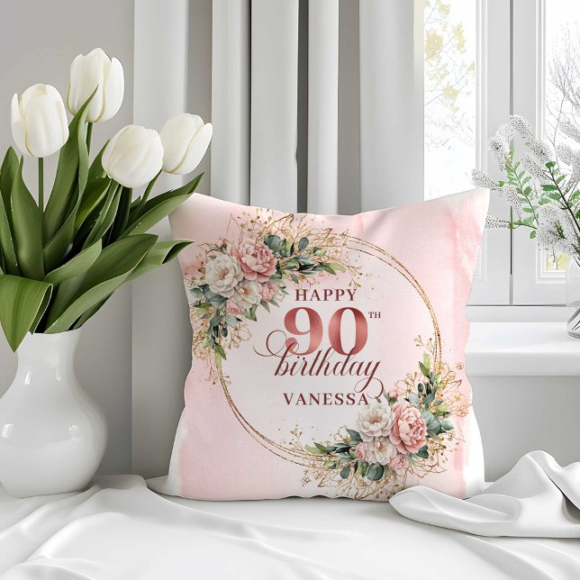 Light Pink Floral Greenery 90th Birthday Pillow (Light Pink Floral Greenery 90th Birthday Pillow)