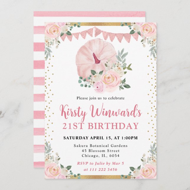 Light Pink Floral Pumpkin Fall 21st Birthday Invitation (Front/Back)