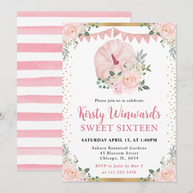 Light Pink Floral Pumpkin Fall Sweet 16 Invitation (Front/Back)