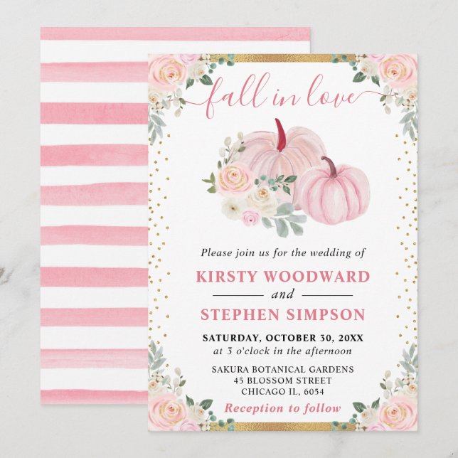 Light Pink Floral Pumpkin Fall Wedding Invitation (Front/Back)