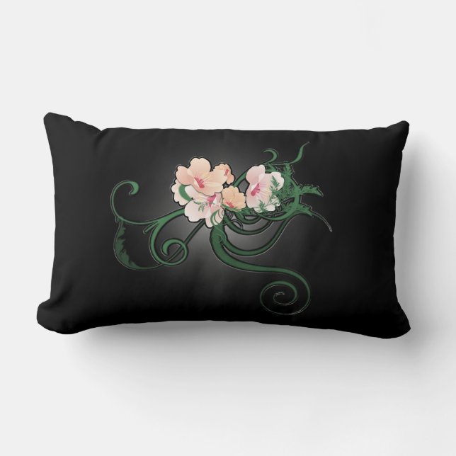 Light Pink Flower Illustration on Black Lumbar Cushion (Front)