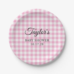 Light Pink Gingham Plaid Baby Shower Paper Plate