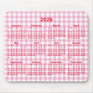 Light Pink Gingham Plaid Red 2026 Calendar Mouse Pad