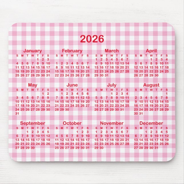 Light Pink Gingham Plaid Red 2026 Calendar Mouse Pad (Front)