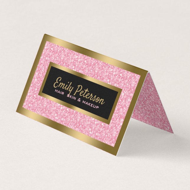 Light Pink Glitter And Gold Frame Business Card (Front)