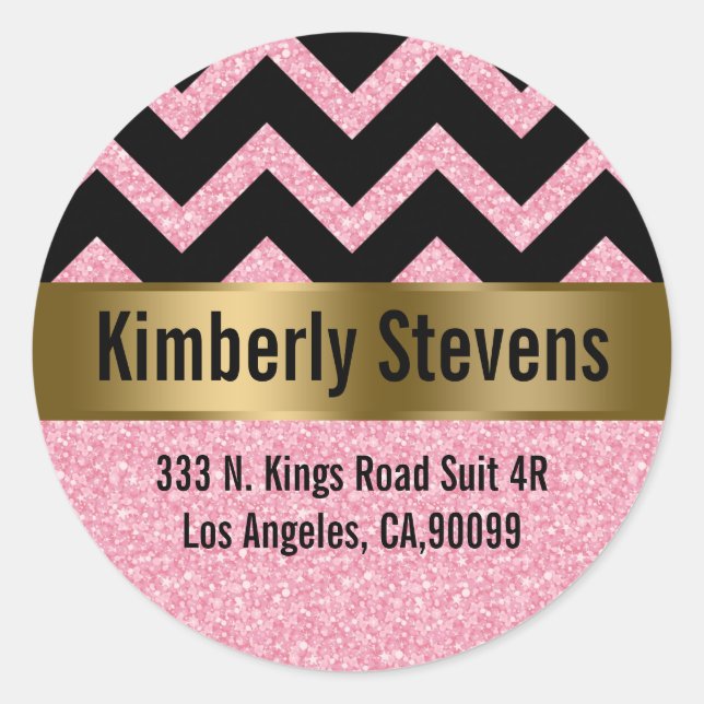 Light Pink Glitter Black Chevron Gold Accents Classic Round Sticker (Front)