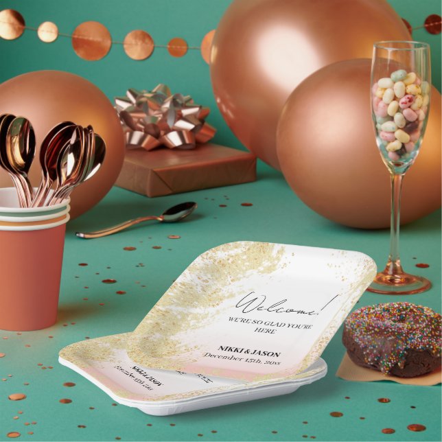 Light Pink Glitter Golden Splash Wedding Welcome  Paper Plate (Multi)
