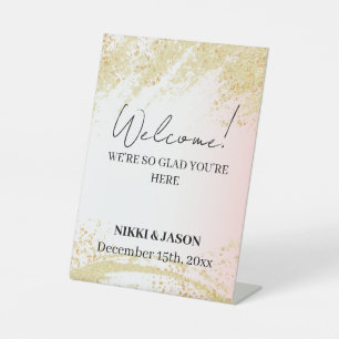 Light Pink Glitter Golden Splash Wedding Welcome  Pedestal Sign
