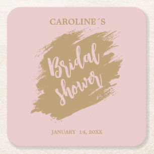Light Pink Gold Brushstroke Bridal Shower Chic Square Paper Coaster