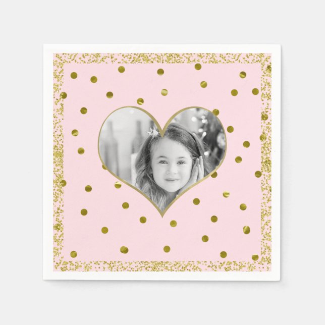 Light Pink Gold Glitter Heart Photo Personalised Napkin (Front)