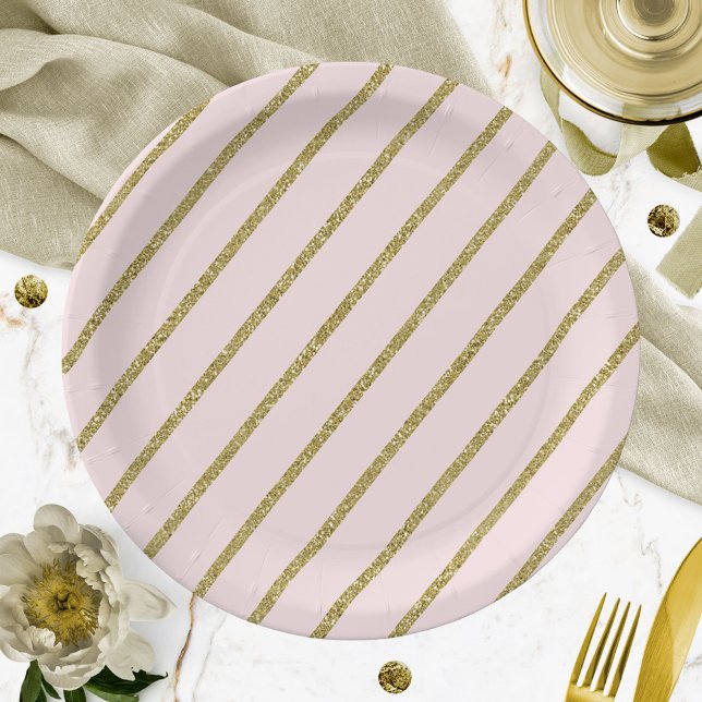 Light Pink Gold Glitter Stripe Pattern Paper Plate (Creator Uploaded)