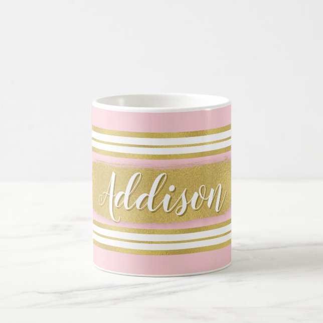 Light Pink Gold Stripe Pattern Custom Name Coffee Mug (Center)
