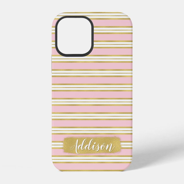 Light Pink Gold Stripe Pattern Custom Name iPhone Case (Back)