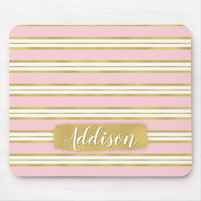 Light Pink Gold Stripe Pattern Custom Name Mouse Pad (Front)