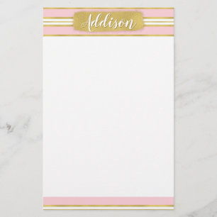 Light Pink Gold Stripe Pattern Custom Name Stationery