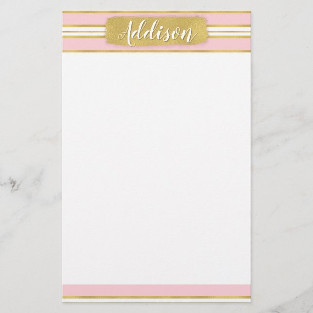 Light Pink Gold Stripe Pattern Custom Name Stationery (Front)