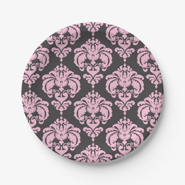 Light Pink & Grey Damask Chic Elegant Party Paper Plate (Front)
