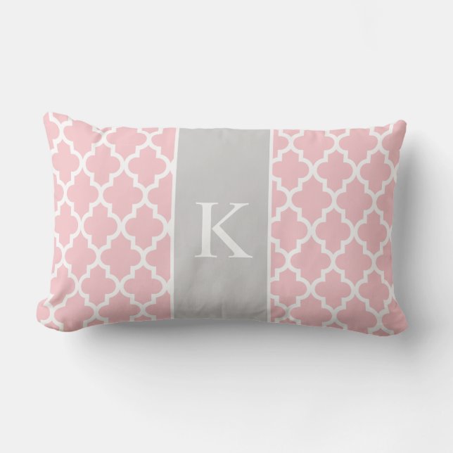 Light Pink Grey Moroccan Custom Monogram Lumbar Cushion (Front)
