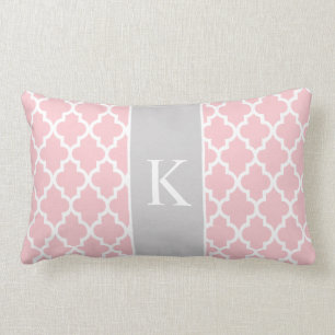 Light Pink Grey Moroccan Custom Monogram Lumbar Cushion