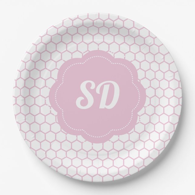 Light Pink Honeycomb Custom Monogram Paper Plate (Front)