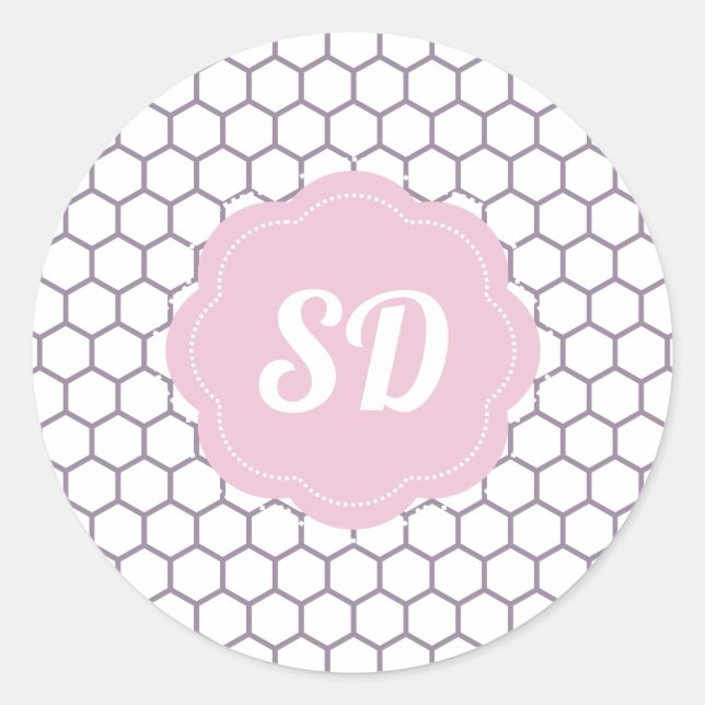 Light Pink Honeycomb Hexagon Custom Monogram Classic Round Sticker (Front)