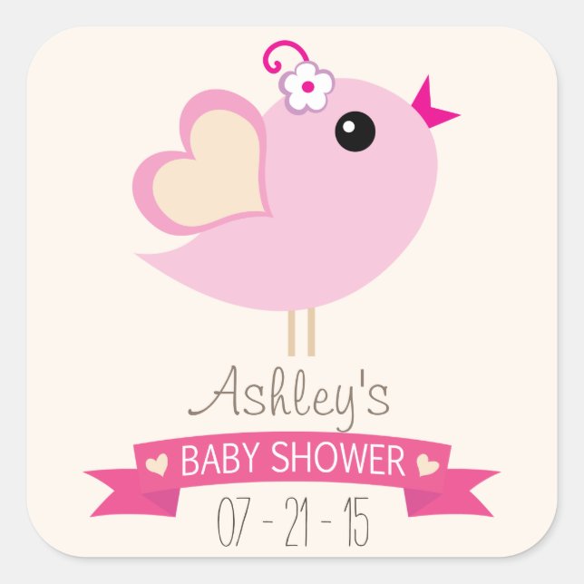 Light Pink Love Bird Baby Shower Square Sticker (Front)