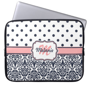 Light Pink Navy Monogrammed Damask Polka Dot Laptop Sleeve
