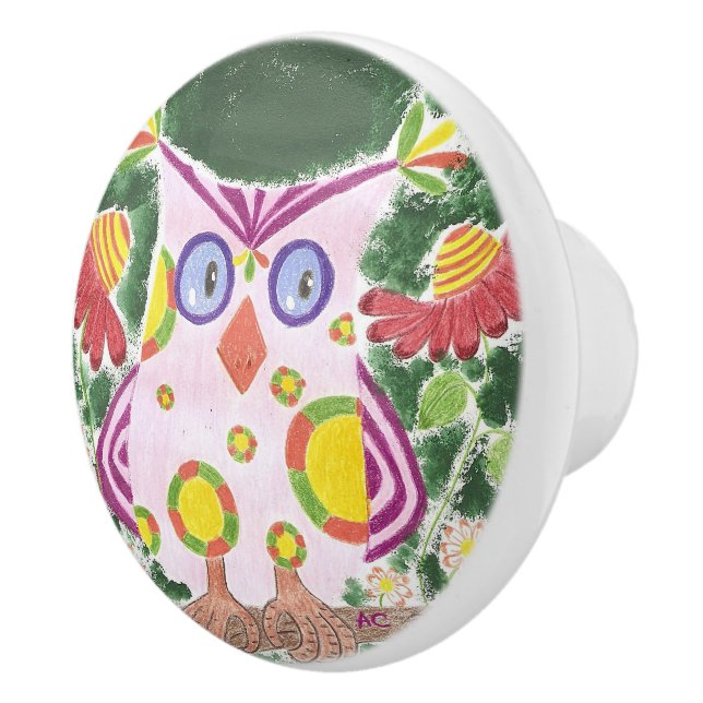 Light pink owl on green nursery room ceramic knob (Right)