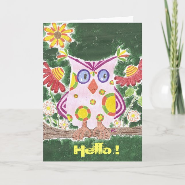 Light pink owl w/green background greeting card (Front)