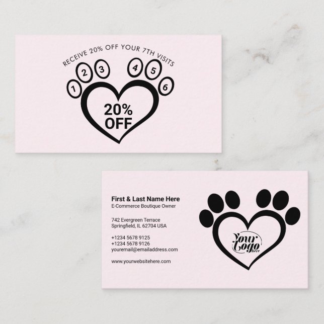 Light Pink Paw Pet Grooming Vet Loyalty Business Card (Front/Back)