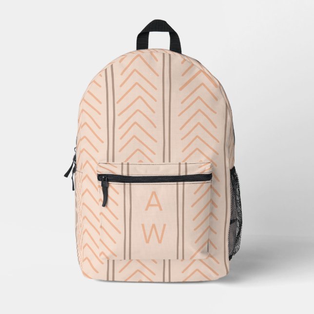 Light Pink Peach Geometric Arrow Monogram Initials Printed Backpack (Front)