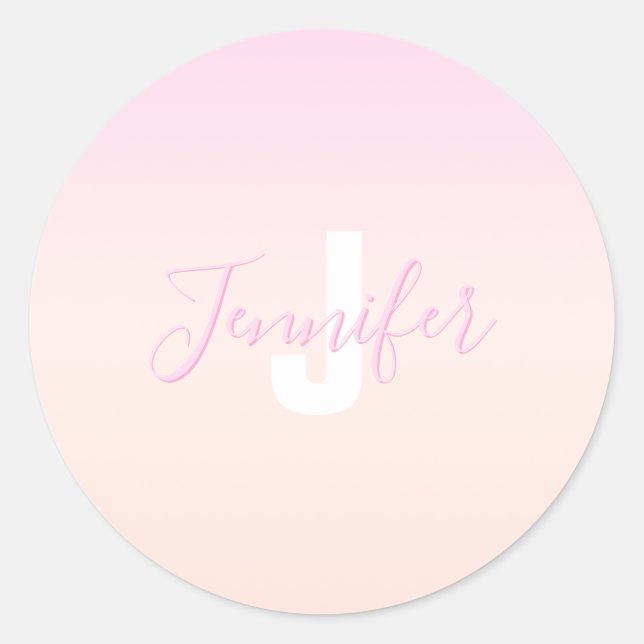 Light Pink & Peach Gradient Ombre Name & Monogram  Classic Round Sticker (Front)