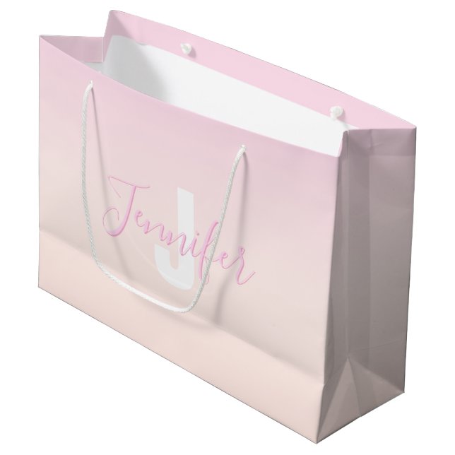 Light Pink & Peach Gradient Ombre Name & Monogram  Large Gift Bag (Front Angled)