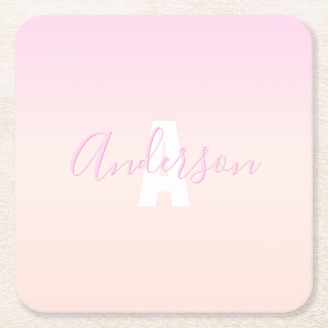 Light Pink & Peach Gradient Ombre Name & Monogram  Square Paper Coaster (Front)