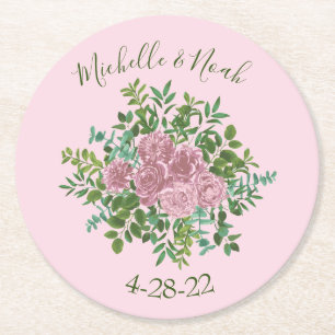 Light Pink Peony & Rose Floral Wedding Round Paper Coaster