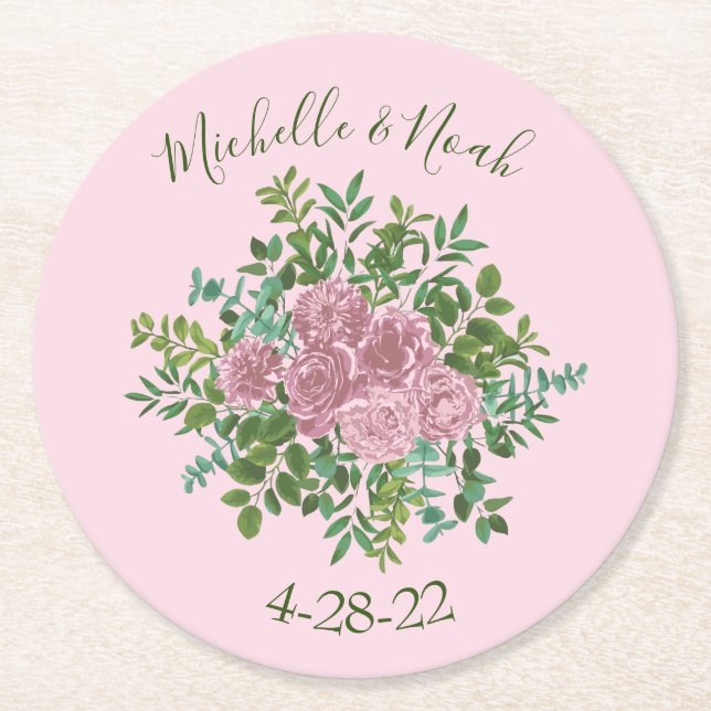 Light Pink Peony & Rose Floral Wedding Round Paper Coaster (Front)