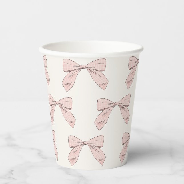 Light Pink Plaid Bow Elegant Girl Baby Shower Paper Cups (Front)