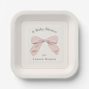 Light Pink Plaid Bow Elegant Girl Baby Shower Paper Plate