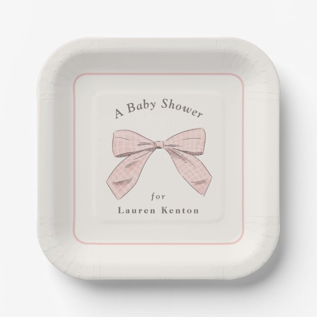 Light Pink Plaid Bow Elegant Girl Baby Shower Paper Plate (Front)