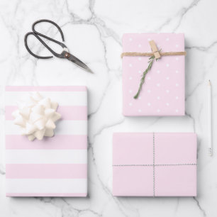 Light Pink Polka Dot Wide Striped and Solid  Wrapping Paper Sheet