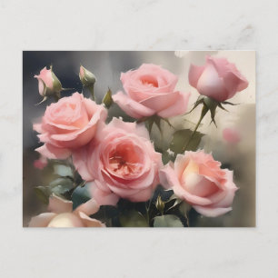 Light pink pretty roses garden watercolor painting postcard