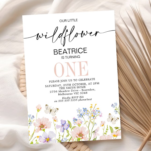 Light Pink Purple Delicate Wildflower 1st Birthday Invitation (Little Wildflower 1st Birthday Invitation, Floral 1st Birthday Invitation Template Girl, Butterflies)