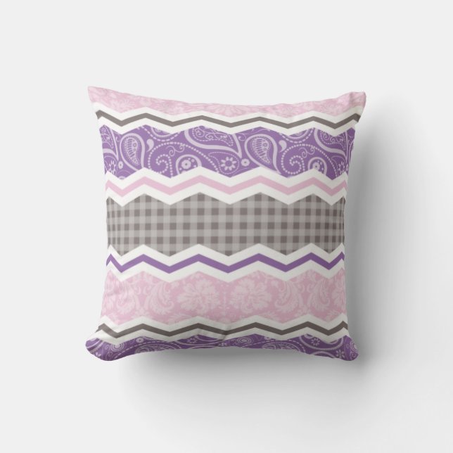 Light Pink, Purple, & Taupe Country Patterns Cushion (Front)