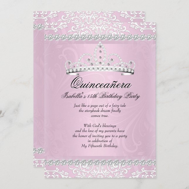 Light Pink Quinceanera 15th Birthday Party Tiara Invitation (Front/Back)