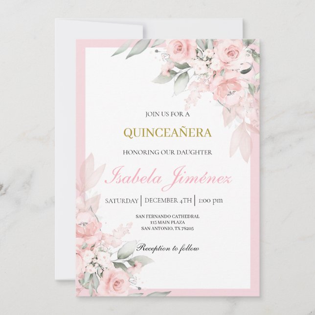 Light pink quinceañera  invitation (Front)