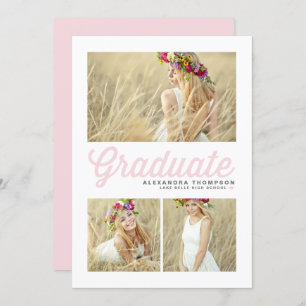Light Pink Retro Script Three Photo Graduation Invitation