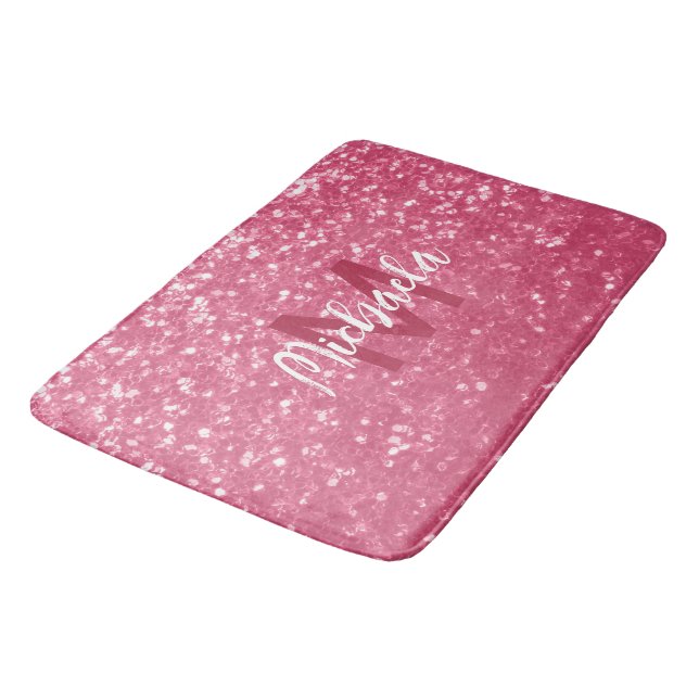 Light pink rose faux sparkles glitter Monogram Bath Mat (Angled)