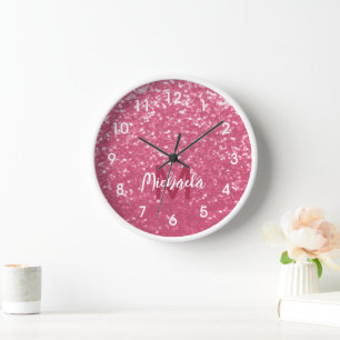 Light pink rose faux sparkles glitter Monogram Clock