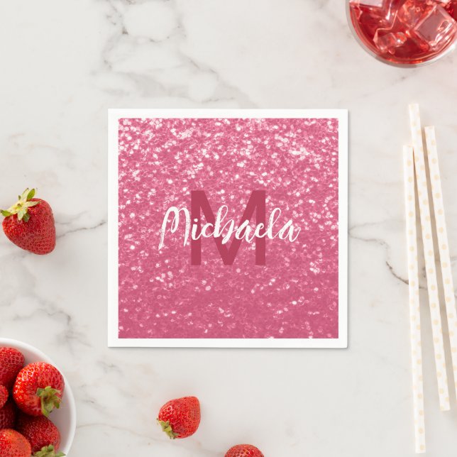 Light pink rose faux sparkles glitter Monogram Napkin (Insitu)