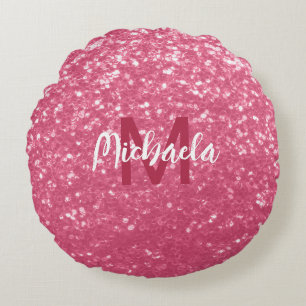 Light pink rose faux sparkles glitter Monogram Round Cushion